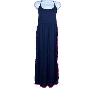 Hutch Anthropologie Navy Blue Pink Pompom Maxi Dress Size L Strappy Cross Back
